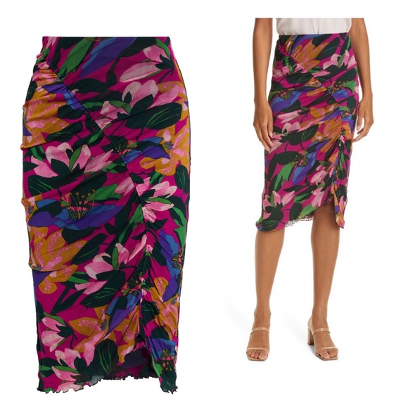 Diane Von Furstenberg Christy Ruched Floral Stretch-Mesh Skirt - Picture 2 of 10